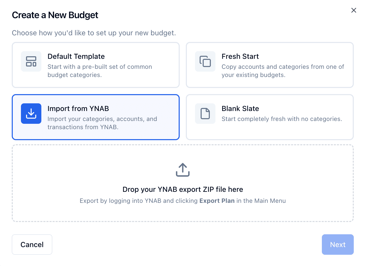 Importing a budget from YNAB into Peak